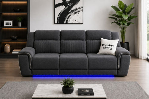 Hannah Electric Recliner 3 Sofa Set With Cupholders – 3 Seater – Soft Grey Micro Fabric – LED Lights & USB Ports
