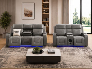 Florida Leather Electric Recliner Sofa Set with Cupholders, LED Lights, Wireless Charging, Bluetooth Speakers, and USB Ports – 3+2 Seater (Grey)