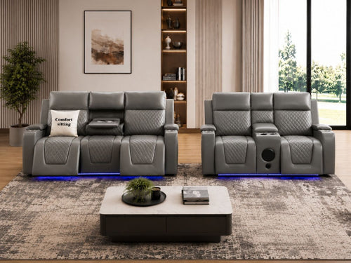 Florida Leather Electric Recliner Sofa Set with Cupholders, LED Lights, Wireless Charging, Bluetooth Speakers, and USB Ports – 3+2 Seater (Grey)