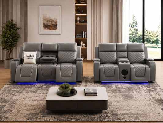 Florida Leather Electric Recliner Sofa Set with Cupholders, LED Lights, Wireless Charging, Bluetooth Speakers, and USB Ports – 3+2 Seater (Grey)