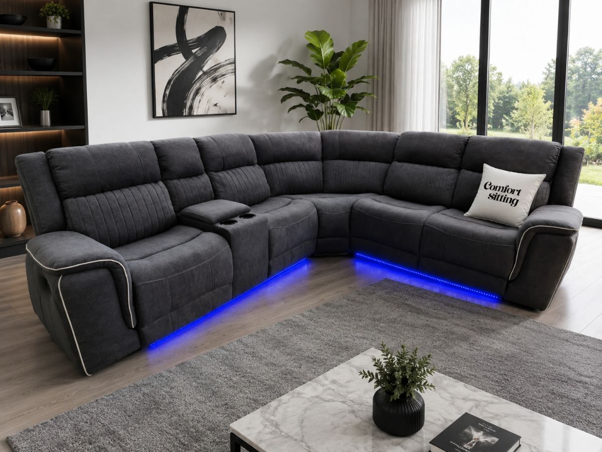Hannah Electric Corner Sofa Grey Micro Fibre Fabric With Cupholders – LED Lights & USB Ports