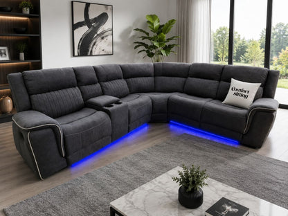 Hannah Electric Corner Sofa Grey Micro Fibre Fabric With Cupholders – LED Lights & USB Ports
