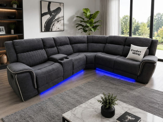 Hannah Electric Corner Sofa Grey Micro Fibre Fabric With Cupholders – LED Lights & USB Ports