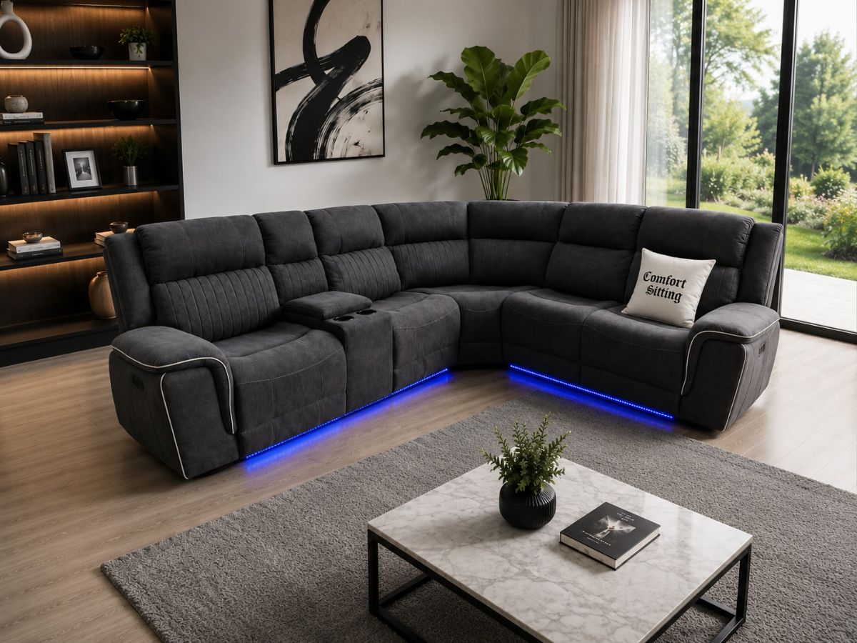 Hannah Electric Corner Sofa Grey Micro Fibre Fabric With Cupholders – LED Lights & USB Ports