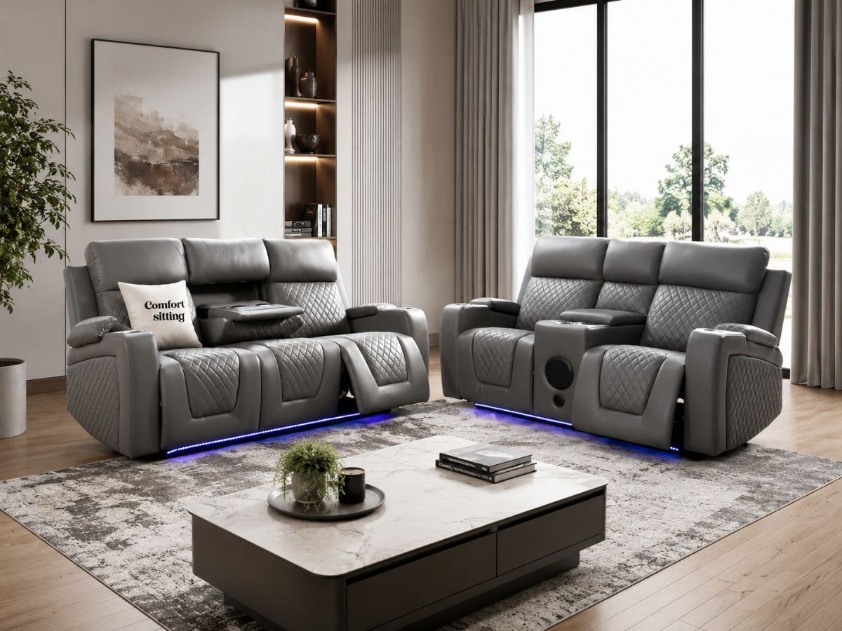 Florida Leather Electric Recliner Sofa Set with Cupholders, LED Lights, Wireless Charging, Bluetooth Speakers, and USB Ports – 3+2 Seater (Grey)