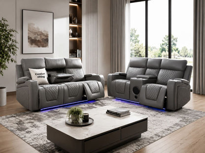 Florida Leather Electric Recliner Sofa Set with Cupholders, LED Lights, Wireless Charging, Bluetooth Speakers, and USB Ports – 3+2 Seater (Grey)