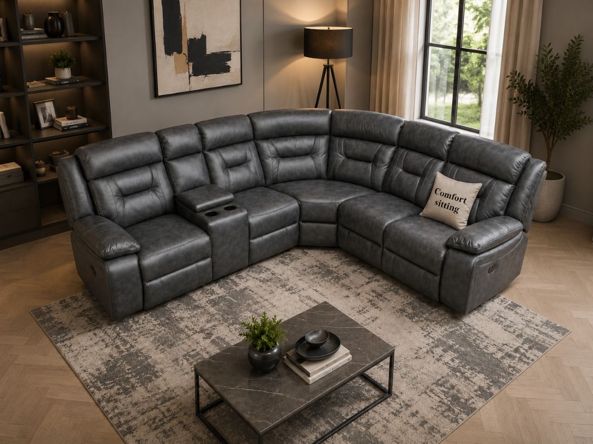 Nova Electric Fabric Recliner Corner Sofa in Grey with LED Lights & Console – Luxury L Shape Suite