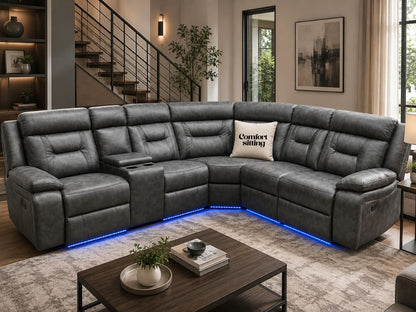 Nova Electric Fabric Recliner Corner Sofa in Grey with LED Lights & Console – Luxury L Shape Suite