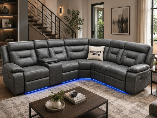 Nova Electric Fabric Recliner Corner Sofa in Grey with LED Lights & Console – Luxury L Shape Suite