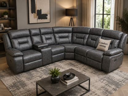 Nova Electric Fabric Recliner Corner Sofa in Grey with LED Lights & Console – Luxury L Shape Suite